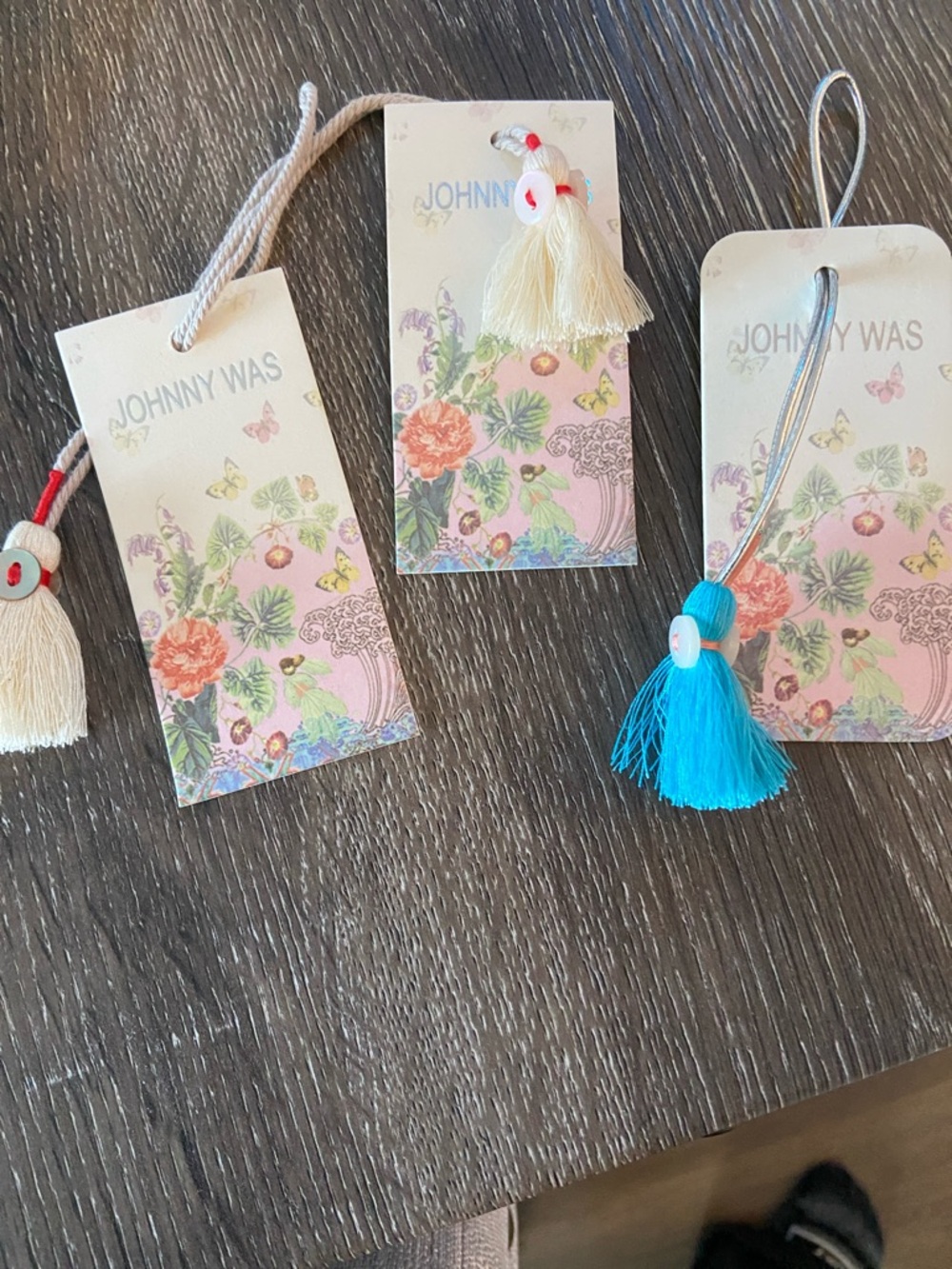 Johnny Was Floral Tag Tassel Trio in Cream & Teal